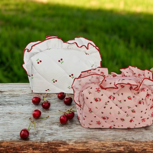 Blossom & Cherry Quilted Pouches Makeup Bag, Cherry Travel Makeup Pouch, Aesthetic Makeup Bag